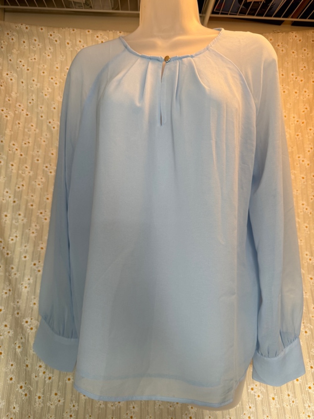 Calvin Klein Pale Blue Long-Sleeve Keyhole Blouse